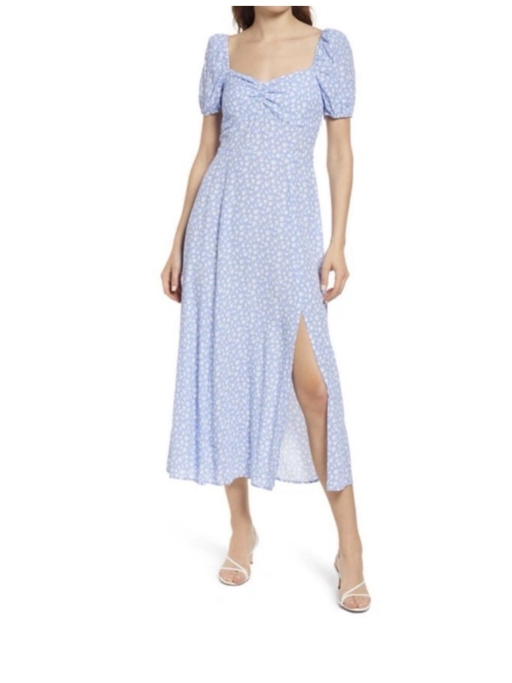 & Other Stories Light Blue Floral Midi Dress with Puff Sleeves and Side Slit